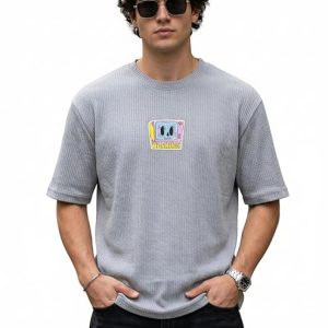 Men's Oversized Waffle Knit Graphic T-Shirt – Light Grey
