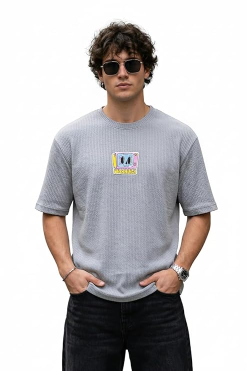 Men's Oversized Waffle Knit Graphic T-Shirt – Light Grey