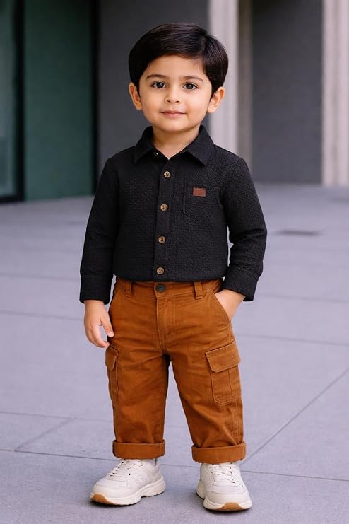 Boys' 2-Piece Smart Casual Outfit Set – Black Button-Down Shirt & Tobacco Brown Cargo Pants - Image 2