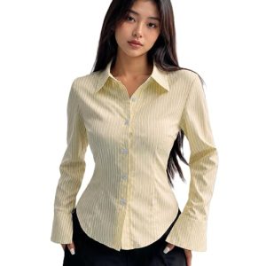Yellow Striped Satin Shirt | Women's Long Sleeve Blouse