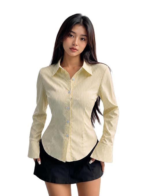 Yellow Striped Satin Shirt | Women's Long Sleeve Blouse