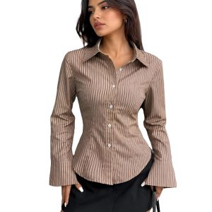 Striped Satin Button-Up Shirt | Women's Long Sleeve Blouse