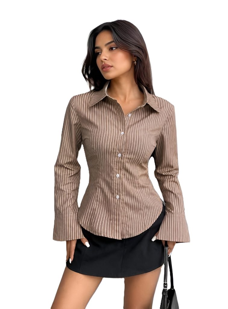 Striped Satin Button-Up Shirt | Women's Long Sleeve Blouse