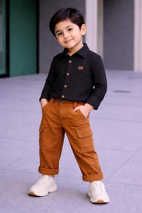 Boys' 2-Piece Smart Casual Outfit Set – Black Button-Down Shirt & Tobacco Brown Cargo Pants - Image 5