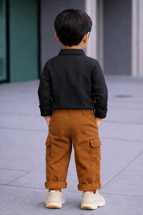 Boys' 2-Piece Smart Casual Outfit Set – Black Button-Down Shirt & Tobacco Brown Cargo Pants - Image 4