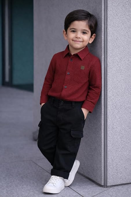 Boys' 2-Piece Smart Casual Outfit Set – Maroon / Burgundy Shirt & Black Cargo Pants - Image 5