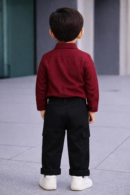 Boys' 2-Piece Smart Casual Outfit Set – Maroon / Burgundy Shirt & Black Cargo Pants - Image 3