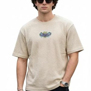 Men’s Beige Textured Graphic T-Shirt