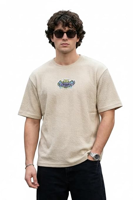 Men’s Beige Textured Graphic T-Shirt