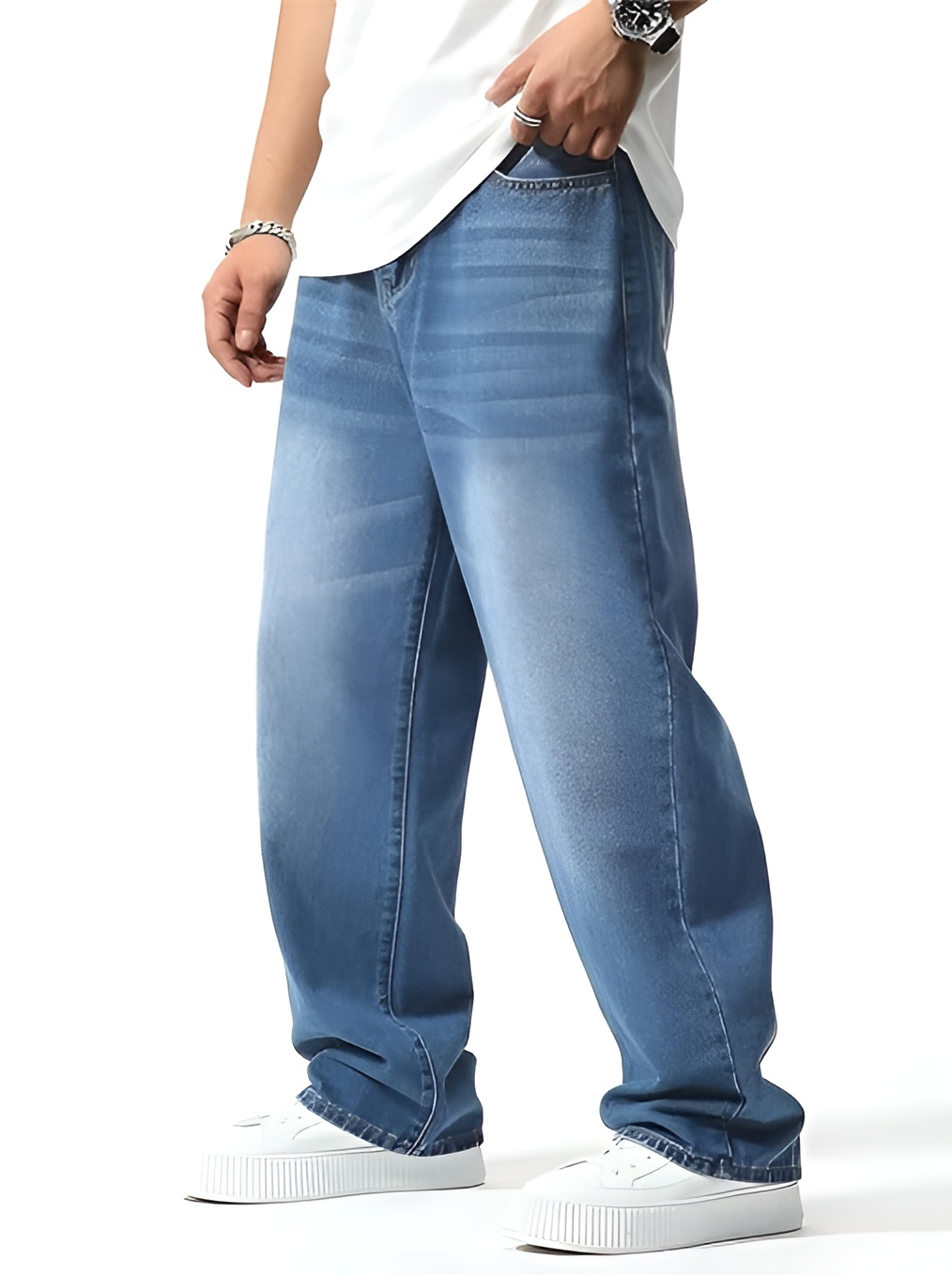 Men's Wide-Leg Baggy Denim Jeans – Light Wash Blue - Image 6