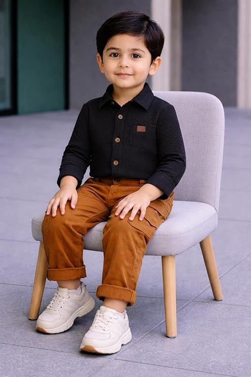 Boys' 2-Piece Smart Casual Outfit Set – Black Button-Down Shirt & Tobacco Brown Cargo Pants - Image 3