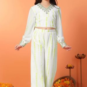 Girls' Off-White & Lime Green Shibori Ethnic Co-Ord Set [FASHIONIX]