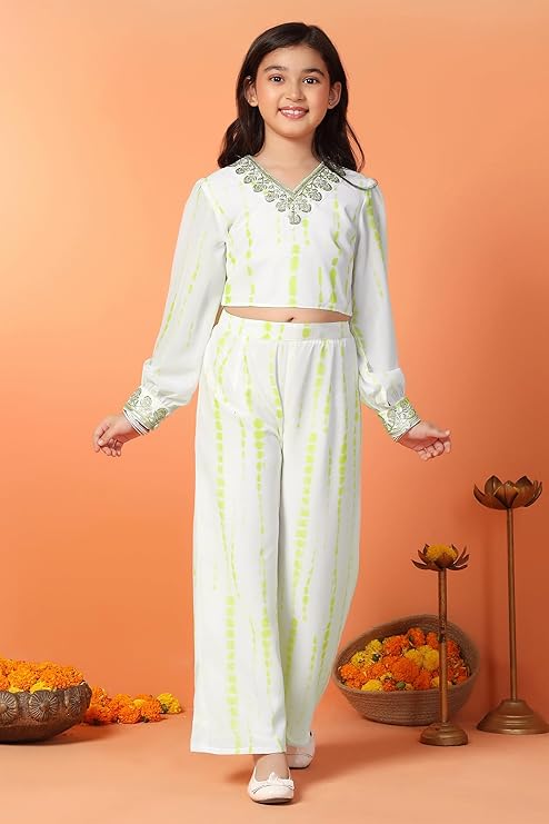 Girls' Off-White & Lime Green Shibori Ethnic Co-Ord Set [FASHIONIX]