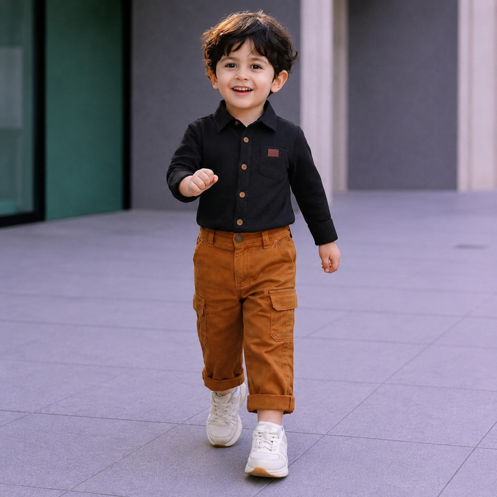 Boys' 2-Piece Smart Casual Outfit Set – Black Button-Down Shirt & Tobacco Brown Cargo Pants
