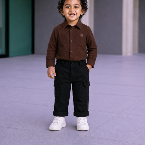 Boys' 2-Piece Smart Casual Outfit Set – Chocolate Brown Corduroy Shirt & Black Cargo Pants