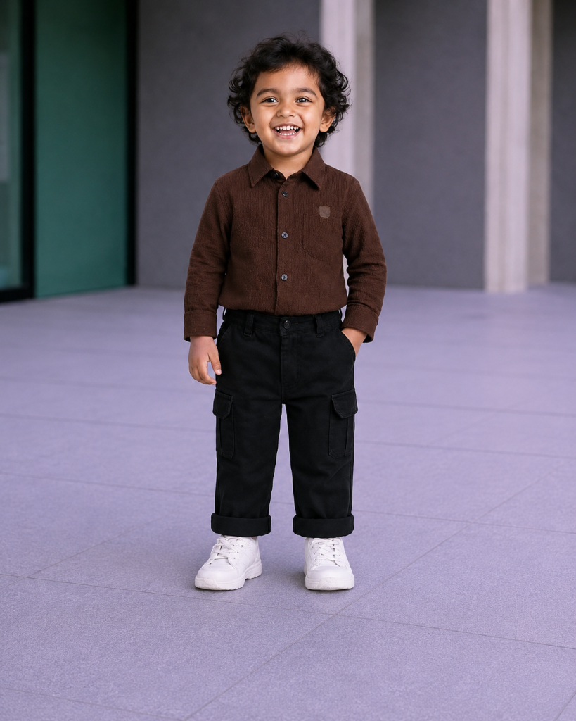 Boys' 2-Piece Smart Casual Outfit Set – Chocolate Brown Corduroy Shirt & Black Cargo Pants
