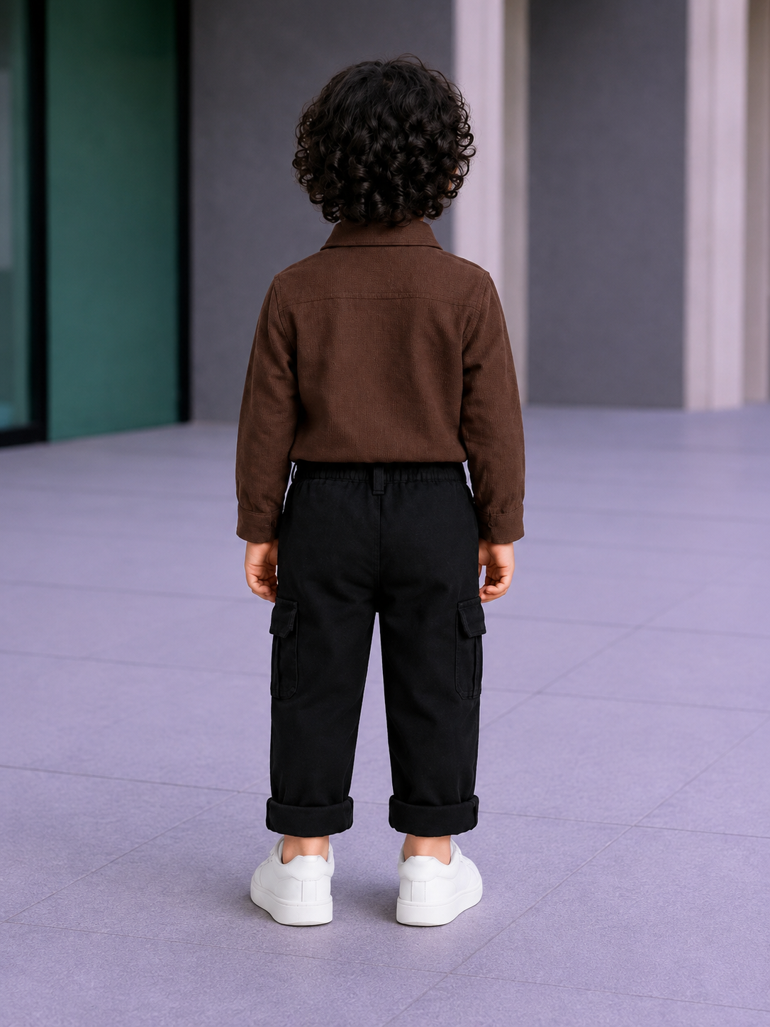 Boys' 2-Piece Smart Casual Outfit Set – Chocolate Brown Corduroy Shirt & Black Cargo Pants - Image 5