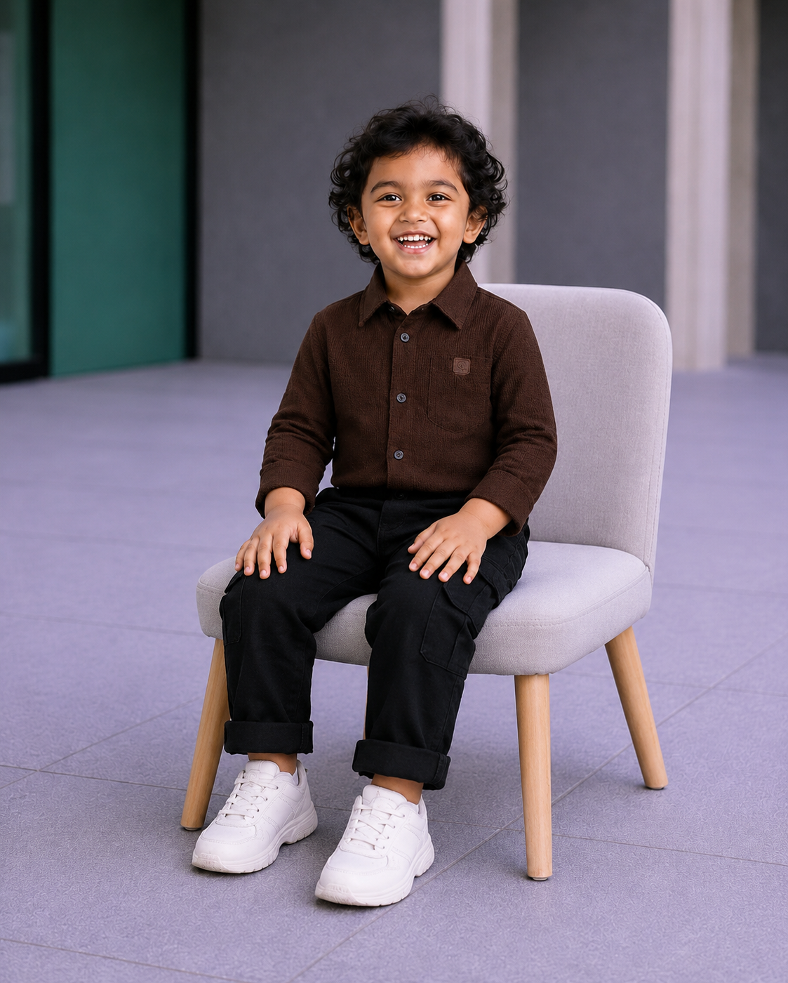 Boys' 2-Piece Smart Casual Outfit Set – Chocolate Brown Corduroy Shirt & Black Cargo Pants - Image 3