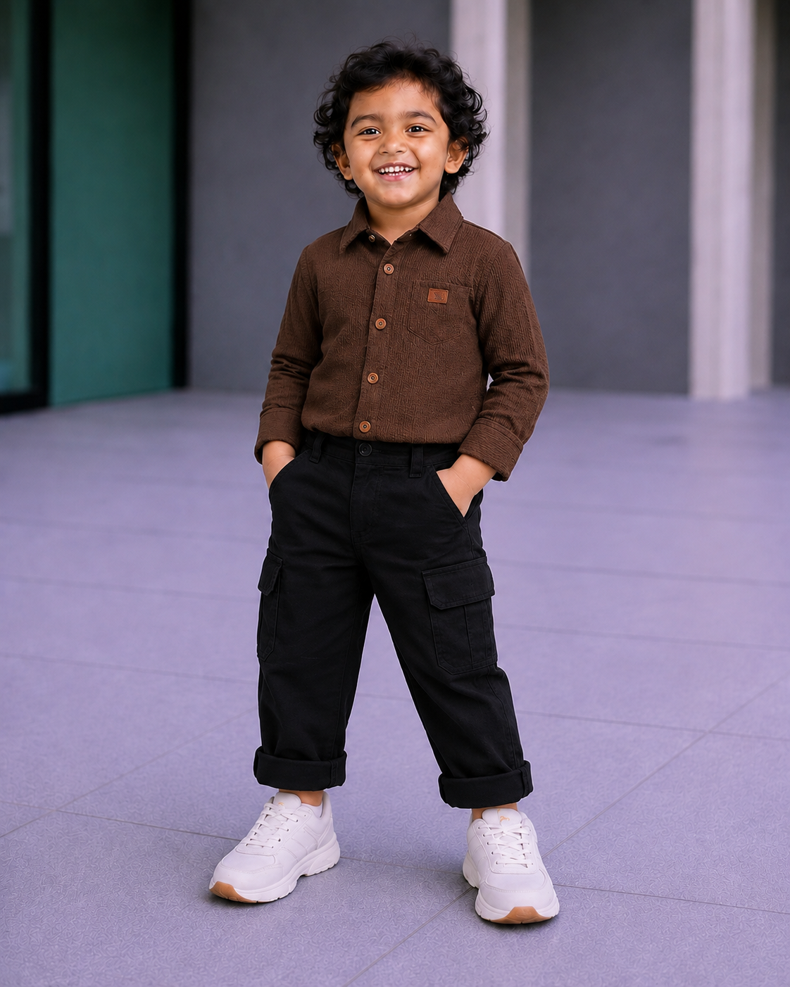 Boys' 2-Piece Smart Casual Outfit Set – Chocolate Brown Corduroy Shirt & Black Cargo Pants - Image 2