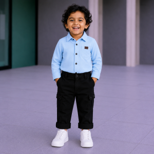 Boys' 2-Piece Smart Casual Outfit Set – Light Sky Blue Shirt & Black Cargo Pants