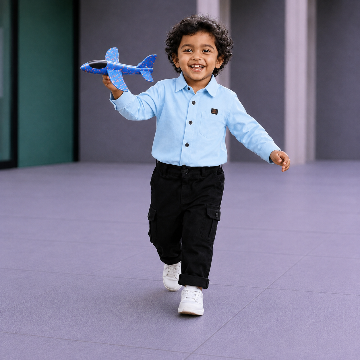 Boys' 2-Piece Smart Casual Outfit Set – Light Sky Blue Shirt & Black Cargo Pants - Image 2