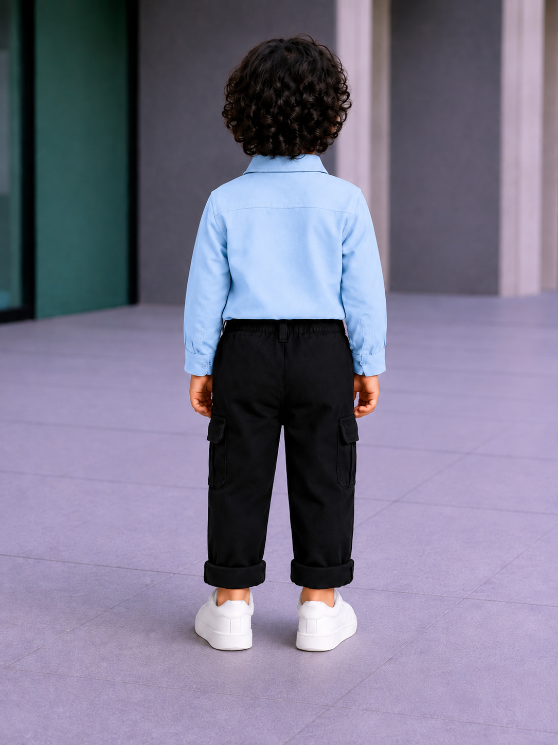 Boys' 2-Piece Smart Casual Outfit Set – Light Sky Blue Shirt & Black Cargo Pants - Image 3