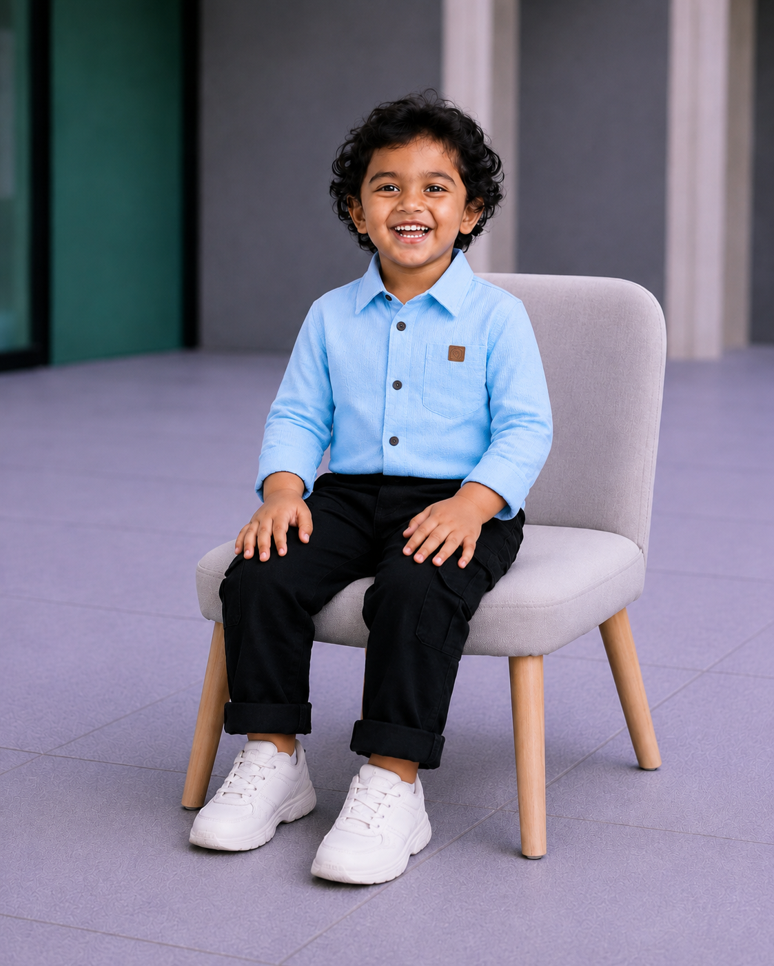 Boys' 2-Piece Smart Casual Outfit Set – Light Sky Blue Shirt & Black Cargo Pants - Image 4