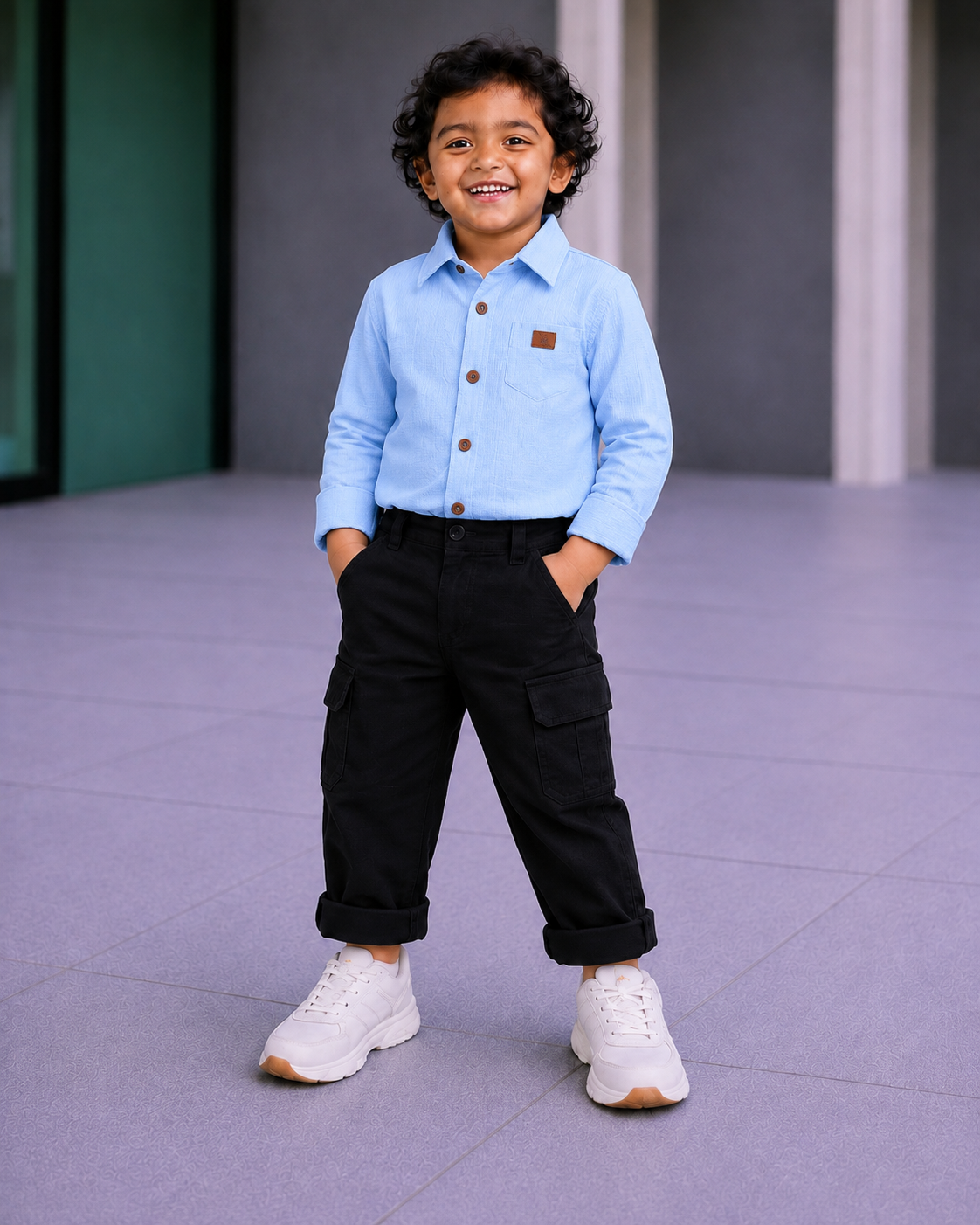 Boys' 2-Piece Smart Casual Outfit Set – Light Sky Blue Shirt & Black Cargo Pants - Image 5