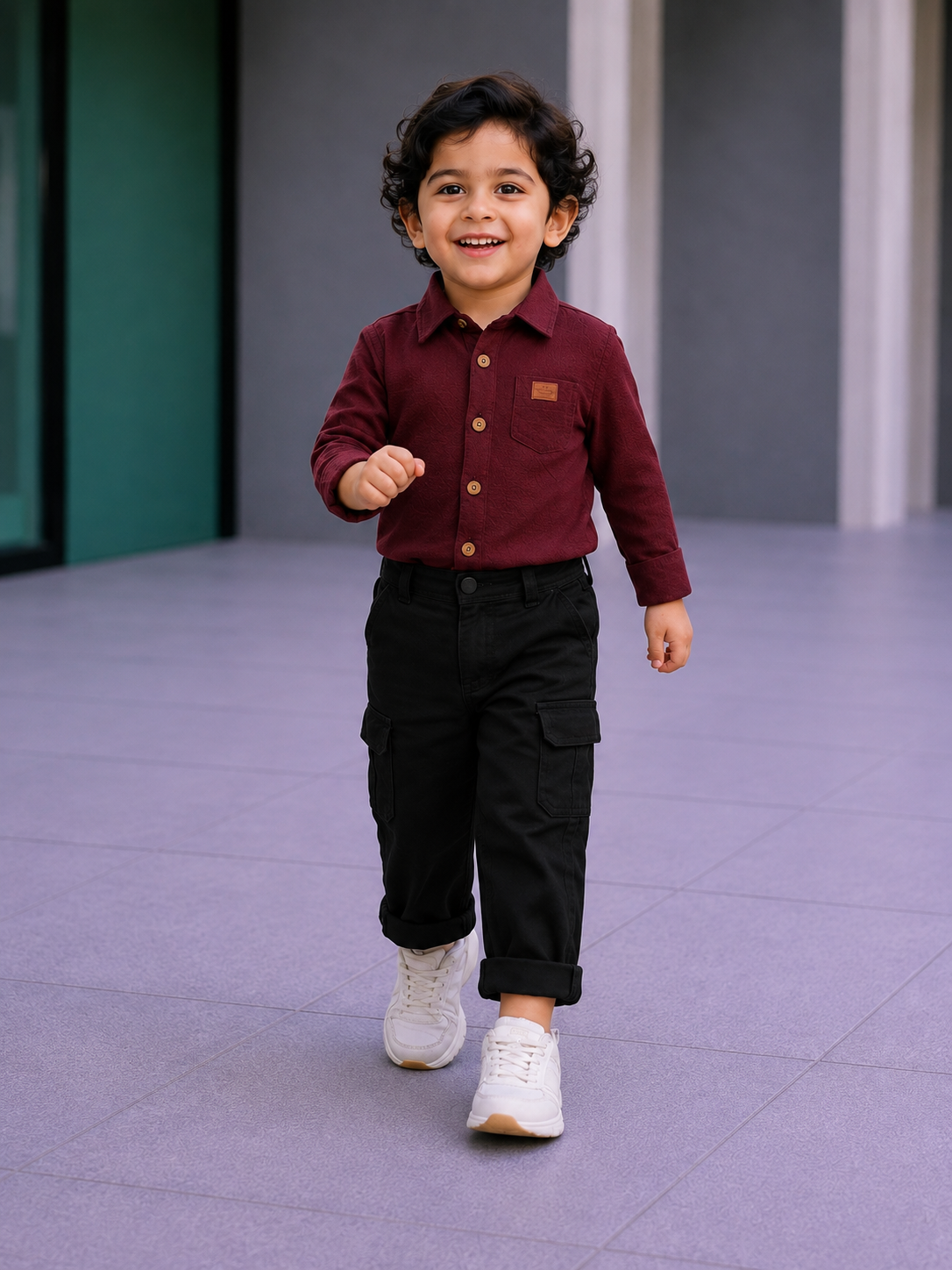 Boys' 2-Piece Smart Casual Outfit Set – Maroon / Burgundy Shirt & Black Cargo Pants - Image 2
