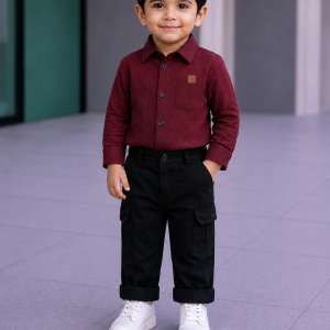 Boys' 2-Piece Smart Casual Outfit Set – Maroon / Burgundy Shirt & Black Cargo Pants