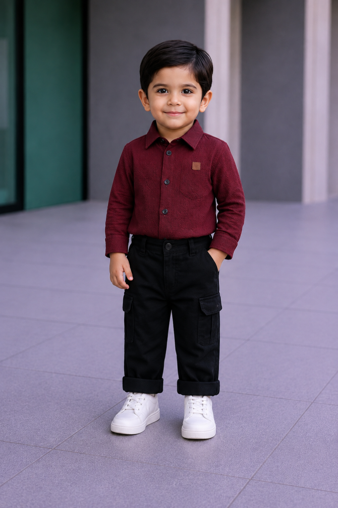 Boys' 2-Piece Smart Casual Outfit Set – Maroon / Burgundy Shirt & Black Cargo Pants