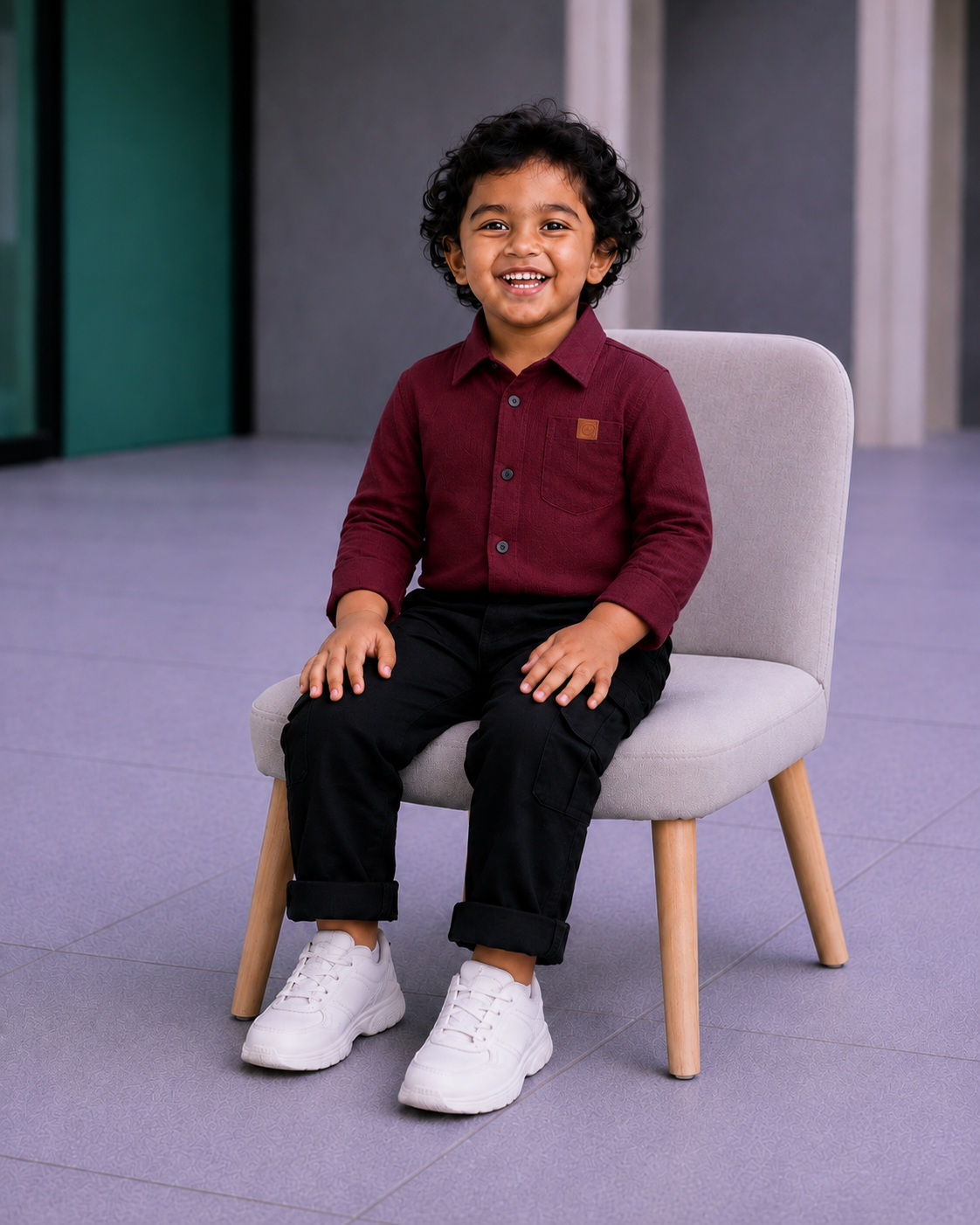 Boys' 2-Piece Smart Casual Outfit Set – Maroon / Burgundy Shirt & Black Cargo Pants - Image 4