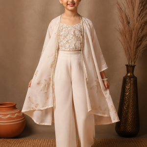 Girls’ Ivory Embroidered Crop Top & Palazzo Set with Cape [FASHIONIX]