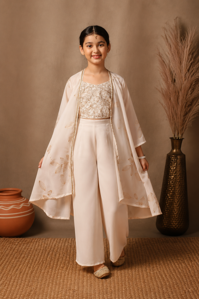 Girls’ Ivory Embroidered Crop Top & Palazzo Set with Cape [FASHIONIX]