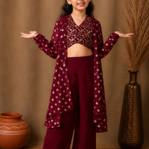 Girls Maroon Embroidered Ethnic Co-Ord Set with Long Jacket [FASHIONIX]