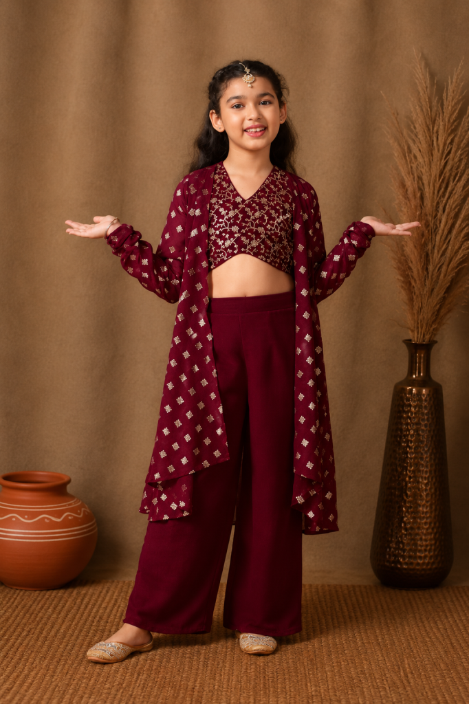 Girls Maroon Embroidered Ethnic Co-Ord Set with Long Jacket [FASHIONIX]