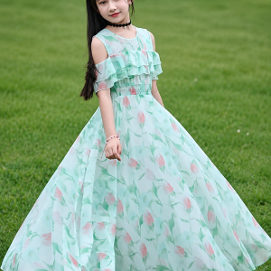 Mint Green Floral Cold-Shoulder Ruffled Maxi Dress for Girls