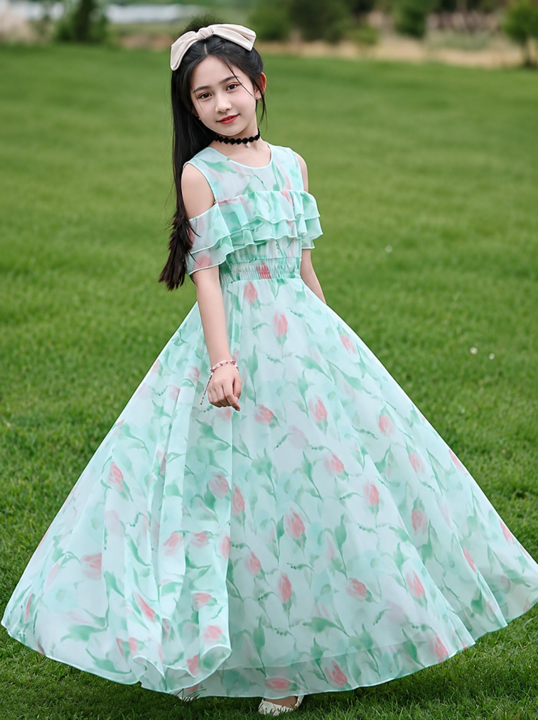 Mint Green Floral Cold-Shoulder Ruffled Maxi Dress for Girls